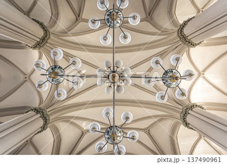 Details of the interior of the Catholic church in light colors. 137490961