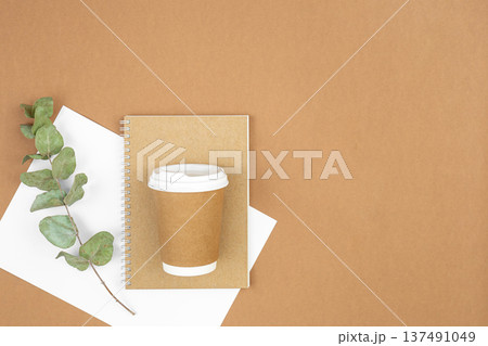 Craft paper coffee cup, notebook and eucalyptus sprig on eco background, flat lay. 137491049