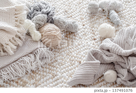 Different yarn for knitting in pastel colors top view. 137491076
