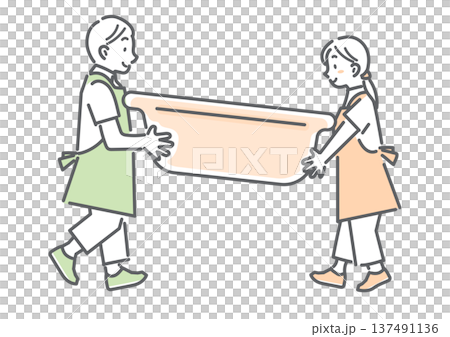 A simple and stylish line drawing of a visiting bathing care staff member carrying a bathtub 137491136