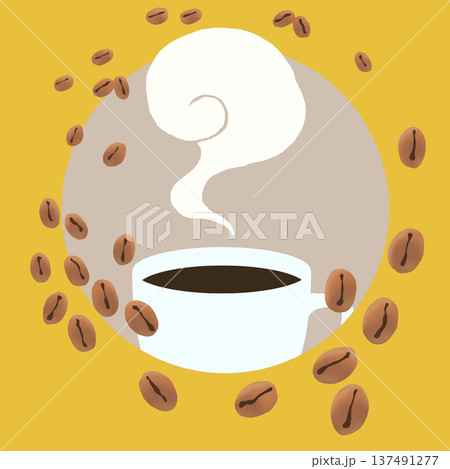 シンプルなコーヒーカップと円状のコーヒー豆のイラスト シンプルなコーヒーカップと円状のコーヒー豆のイラスト 137491277