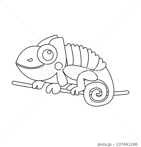Stylized chameleon on a branch line art vector illustration. Cartoon lizard coloring page for kids. 137491290