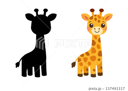 Cute baby giraffe cartoon with shadow silhouette for kids educational game 137491317