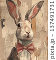 Vintage Rabbit Portrait With Bow Tie On Antique Collage Paper 137491731
