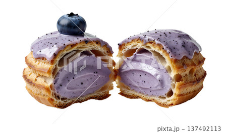 Delicate choux pastry cream puff filled with vibrant purple blueberry cream, isolated on a transparent background for elegant dessert photography 137492113