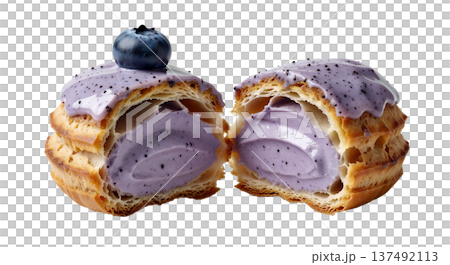 Delicate choux pastry cream puff filled with vibrant purple blueberry cream, isolated on a transparent background for elegant dessert photography Delicate choux pastry cream puff filled with vibrant purple blueberry cream, isolated on a transparent background for elegant dessert photography 137492113