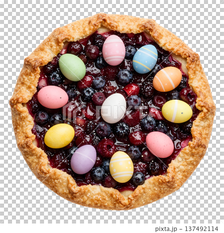 Rustic easter berry galette with mixed berries and colorful decorated eggs arranged on top, isolated on a transparent background for versatile use 137492114
