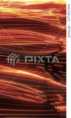 Flowing golden data waves made of glowing dots, representing digital signals, energy streams, and abstract information flow 137492468