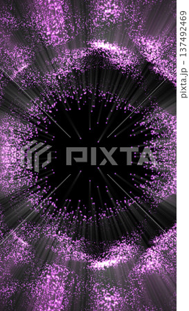 Purple particle tunnel with glowing dots radiating toward a dark center, symbolizing digital flow and cosmic depth 137492469