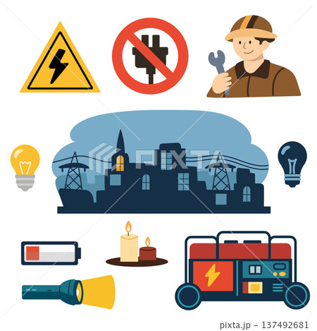 Electricity blackout in city with flashlight, candle and backup generator 137492681