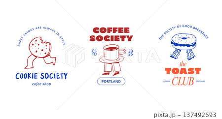 Whimsical hand drawn cafe, bakery and patisserie vintage cartoon logos collection 137492693