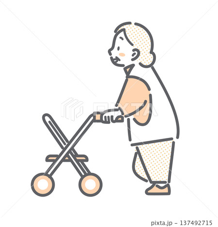 歩行器を使用して積極的に歩くシニア女性　シンプルでお洒落な線画イラスト 137492715