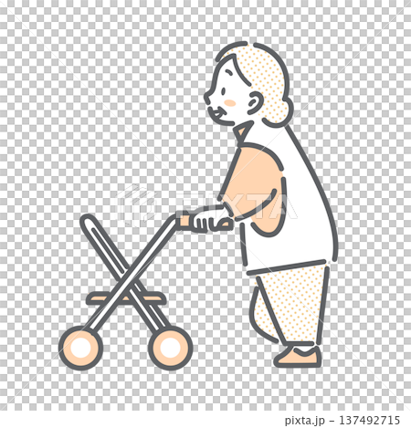 歩行器を使用して積極的に歩くシニア女性　シンプルでお洒落な線画イラスト 137492715