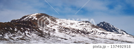 Banner with copy space. A mountain covered in snow and a clear blue sky Banner with copy space. A mountain covered in snow and a clear blue sky 137492918