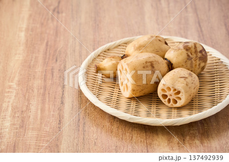 生のれんこん（蓮根） 竹ざるに盛った食材 137492939