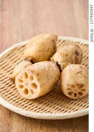 生のれんこん（蓮根） 竹ざるに盛った食材 137492947