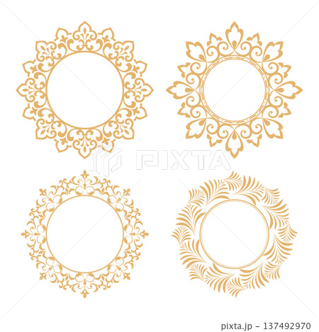Set of decorative frames Elegant vector element for design in Eastern style, place for text. Floral golden and white frames. Lace illustration for invitations and greeting cards Set of decorative frames Elegant vector element for design in Eastern style, place for text. Floral golden and white frames. Lace illustration for invitations and greeting cards 137492970