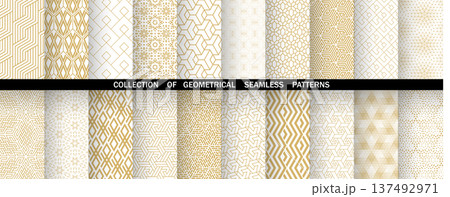 Geometric set of seamless golden and white patterns. Simple vector graphics Geometric set of seamless golden and white patterns. Simple vector graphics 137492971