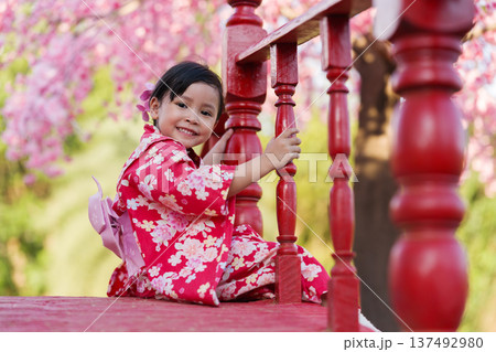 preschool child girl in yukata (kimono dress) on red bridge with sakura flower or cherry blossom blooming in garden 137492980