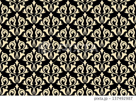 Flower geometric pattern. Seamless vector background. Golden and black ornament. Ornament for fabric, wallpaper, packaging. Decorative print Flower geometric pattern. Seamless vector background. Golden and black ornament. Ornament for fabric, wallpaper, packaging. Decorative print 137492987
