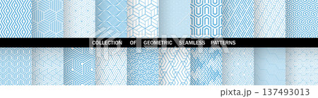 Geometric set of seamless blue and white patterns. Simple vector graphics Geometric set of seamless blue and white patterns. Simple vector graphics 137493013