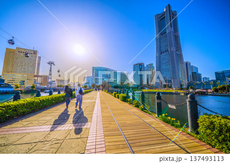 日本の横浜都市景観リニューアル…ボードウォーク改修工事。汽車道に影が揺れる、ロープウェイ…希望の光 137493113