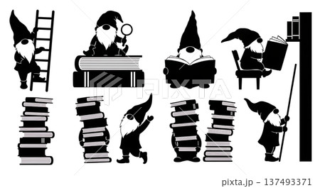 Black Solid Library Gnome Silhouettes Set of Six on White Background 137493371