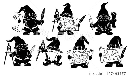 Black Solid Mapmaking Gnome Silhouettes Set of Six on White Background Black Solid Mapmaking Gnome Silhouettes Set of Six on White Background 137493377