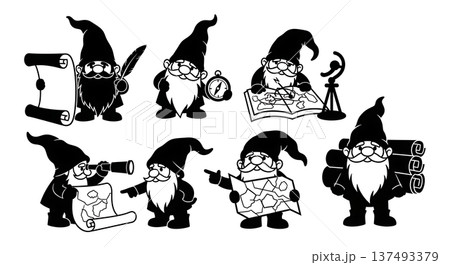 Black Solid Mapmaking Gnome Silhouettes Set of Six on White Background Black Solid Mapmaking Gnome Silhouettes Set of Six on White Background 137493379