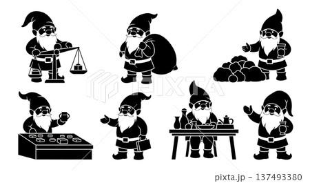 Black Solid Market Vendor Gnome Silhouettes Set of Six on White Background 137493380