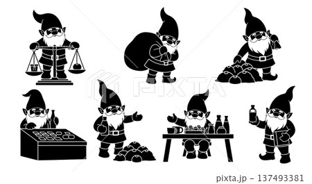 Black Solid Market Vendor Gnome Silhouettes Set of Six on White Background 137493381