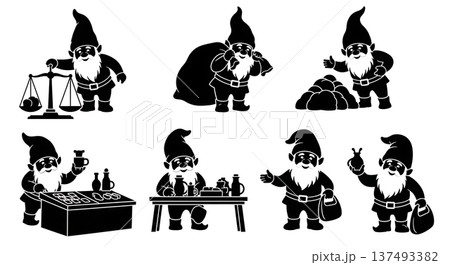 Black Solid Market Vendor Gnome Silhouettes Set of Six on White Background 137493382