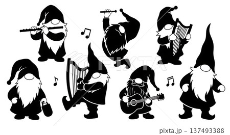 Black Solid Musical Gnome Silhouettes Set of Six on White Background Black Solid Musical Gnome Silhouettes Set of Six on White Background 137493388