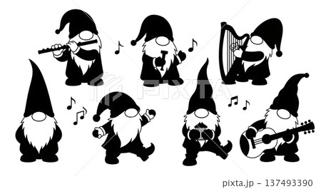 Black Solid Musical Gnome Silhouettes Set of Six on White Background 137493390