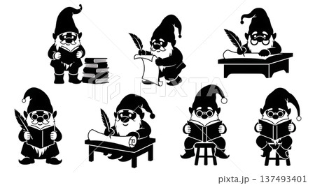 Black Solid Gnome Scholar Silhouettes Set of Six on White Background Black Solid Gnome Scholar Silhouettes Set of Six on White Background 137493401