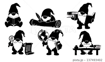 Black Solid Gnome Scholar Silhouettes Set of Six on White Background Black Solid Gnome Scholar Silhouettes Set of Six on White Background 137493402