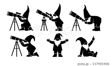 Black Solid Sky Viewing Gnome Silhouettes Set of Six on White Background Black Solid Sky Viewing Gnome Silhouettes Set of Six on White Background 137493406