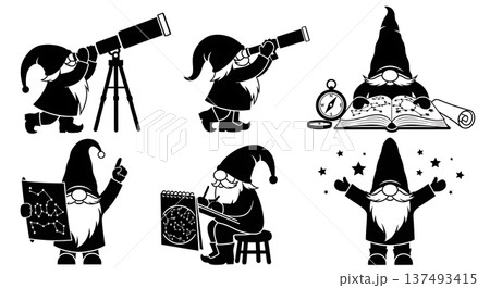 Black Solid Stargazer Gnome Silhouettes Set of Six on White Background 137493415