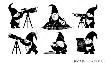 Black Solid Stargazer Gnome Silhouettes Set of Six on White Background 137493418