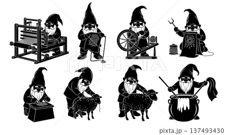 Black Solid Textile Maker Gnome Silhouettes Set of Six on White Background 137493430