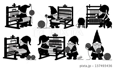 Black Solid Weaving Loom Gnome Silhouettes Set of Six on White Background Black Solid Weaving Loom Gnome Silhouettes Set of Six on White Background 137493436