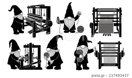 Black Solid Weaving Loom Gnome Silhouettes Set of Six on White Background 137493437
