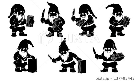 Black Solid Wood Carving Gnome Silhouettes Set of Six on White Background 137493445