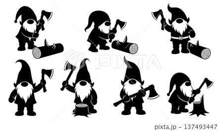 Black Solid Woodcutter Gnome Silhouettes Set of Six on White Background 137493447