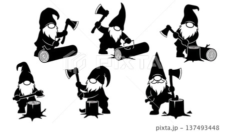 Black Solid Woodcutter Gnome Silhouettes Set of Six on White Background Black Solid Woodcutter Gnome Silhouettes Set of Six on White Background 137493448
