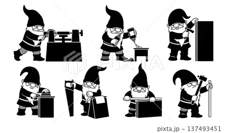 Black Solid Woodworking Gnome Silhouettes Set of Six on White Background Black Solid Woodworking Gnome Silhouettes Set of Six on White Background 137493451