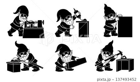 Black Solid Woodworking Gnome Silhouettes Set of Six on White Background Black Solid Woodworking Gnome Silhouettes Set of Six on White Background 137493452