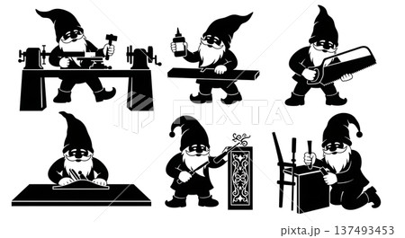 Black Solid Woodworking Gnome Silhouettes Set of Six on White Background 137493453