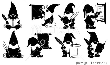 Black Solid Gnome Writing Silhouettes Set of Six on White Background Black Solid Gnome Writing Silhouettes Set of Six on White Background 137493455