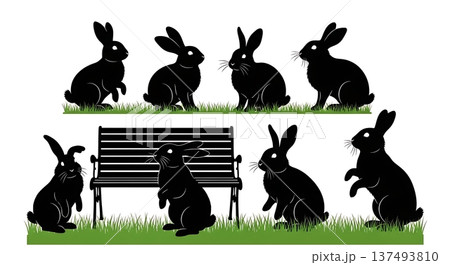Black Solid Grass Bench Bunny Silhouettes Set of Six on White Background Black Solid Grass Bench Bunny Silhouettes Set of Six on White Background 137493810